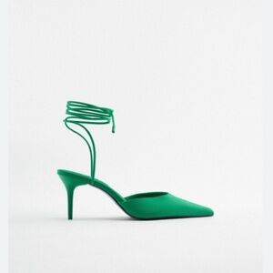NWT Zara Kelly Green Pointy Toe Mules with Ankle Wrap/Tie, Size 9/40